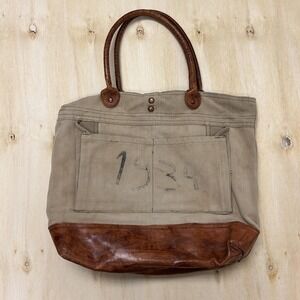 Mona B Tote Bag Womens Large Beige Cotton Leather Snap Pocket Casual Shoulder